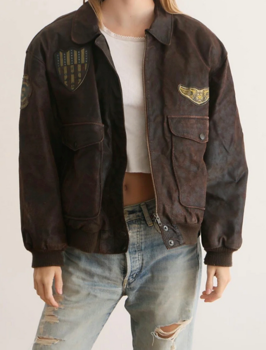 Brown Leather Aviator Bomber Jacket